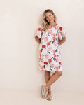 LINEN ROSES V NECK FLUTTER SLEEVE DRESS