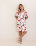LINEN ROSES V NECK FLUTTER SLEEVE DRESS