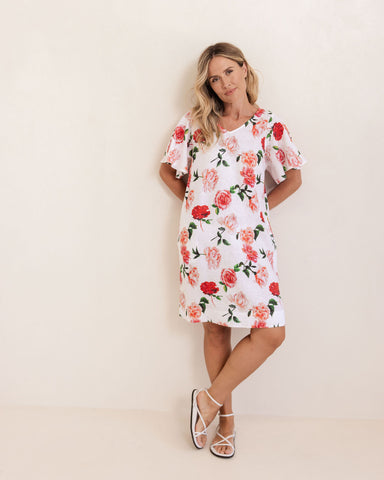 LINEN ROSES V NECK FLUTTER SLEEVE DRESS