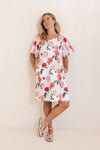 LINEN ROSES V NECK FLUTTER SLEEVE DRESS
