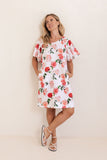 LINEN ROSES V NECK FLUTTER SLEEVE DRESS