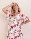 LINEN ROSES V NECK FLUTTER SLEEVE DRESS