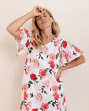 LINEN ROSES V NECK FLUTTER SLEEVE DRESS