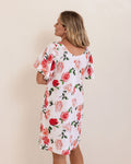 LINEN ROSES V NECK FLUTTER SLEEVE DRESS