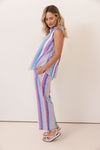 LINEN 7/8 WIDE LEG ELASTIC WAIST PANT MULTI STRIPE
