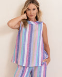 LINEN BUTTON BACK COWL NECK A LINE TOP