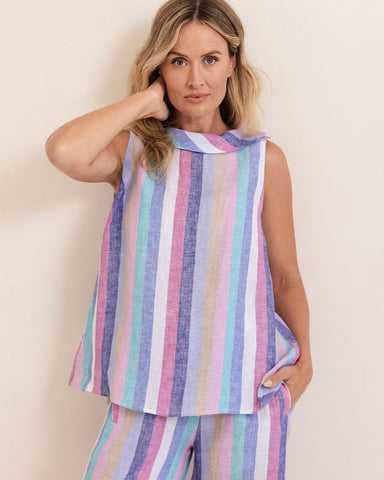 LINEN BUTTON BACK COWL NECK A LINE TOP