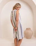 LINEN BUTTON BACK COWL NECK DRESS