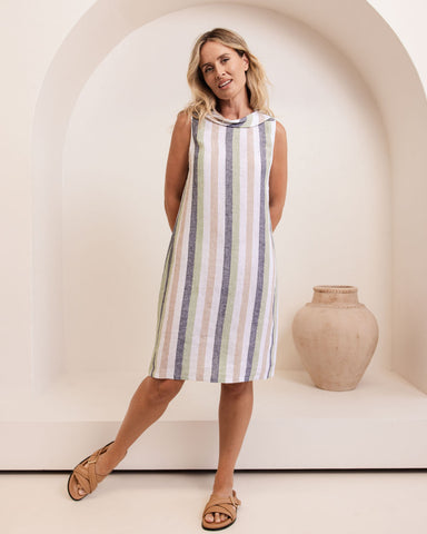 LINEN BUTTON BACK COWL NECK DRESS