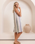 LINEN BUTTON BACK COWL NECK DRESS
