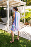 LINEN BUTTON BACK COWL NECK DRESS MULTI STRIPE