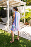 LINEN BUTTON BACK COWL NECK DRESS MULTI STRIPE
