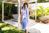 LINEN BUTTON BACK COWL NECK DRESS MULTI STRIPE