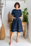 LINEN A LINE TRIM STITCH DETAIL DRESS