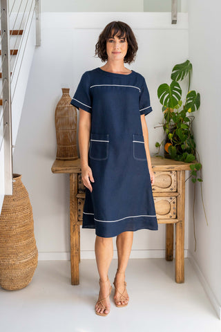 LINEN A LINE TRIM STITCH DETAIL DRESS