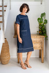 LINEN A LINE TRIM STITCH DETAIL DRESS