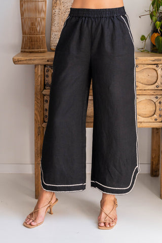 LINEN EMBROIDERY TRIM WIDE LEG PANT